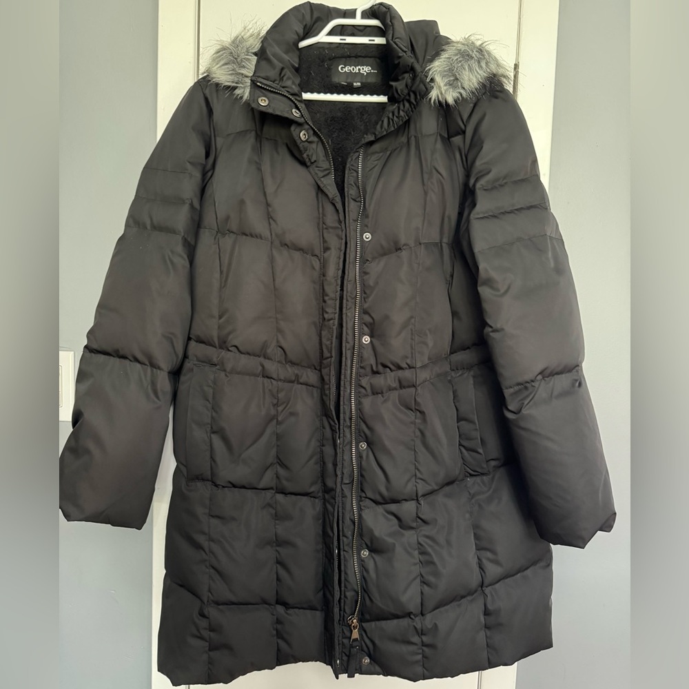 George Women's Black Puffer Coat with Faux Fur Hood
